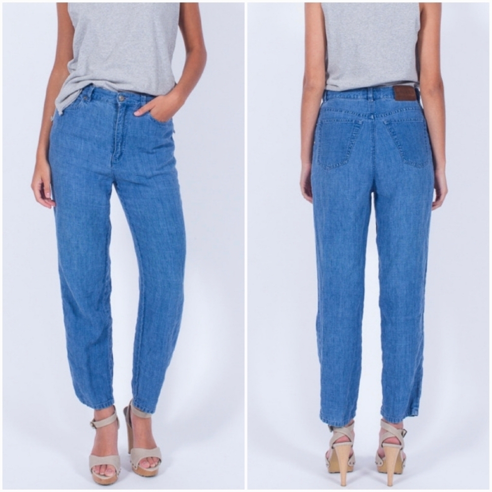 Vintage Ralph Lauren Linen Denim Pants Tapered Leg Light Blue